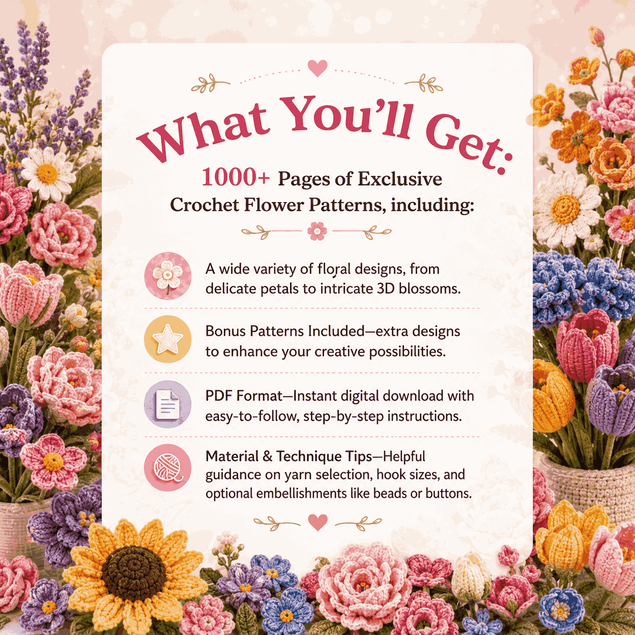 1000+ Flower Crochet Patterns Bundle