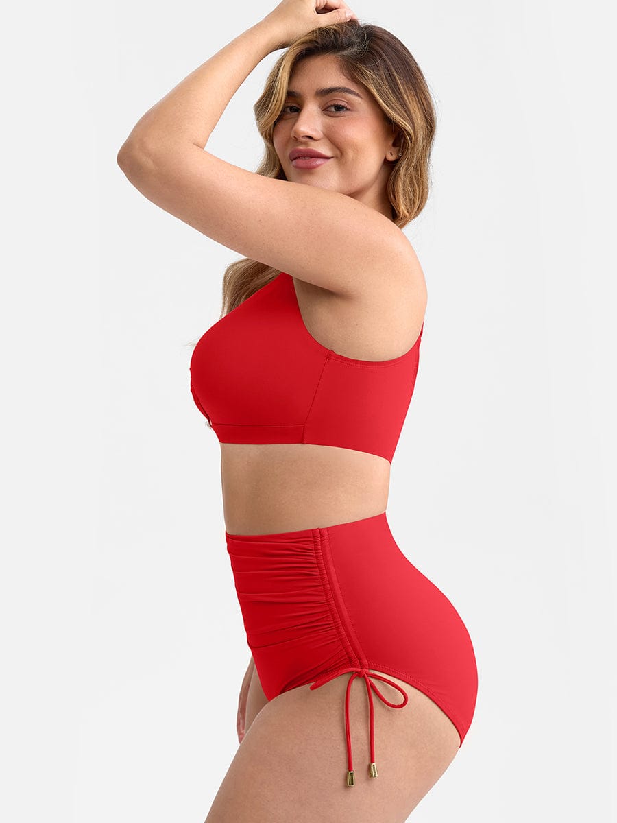 Deep V Metal Ring Drawstring Tummy Control Bikini Swimsuit with Removable Pads