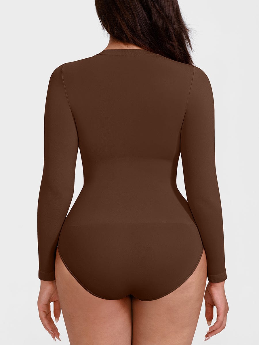 Seamless Crew Neck Long Sleeve Tummy Control Snap Crotch Briefs Shapewear Bodysuit