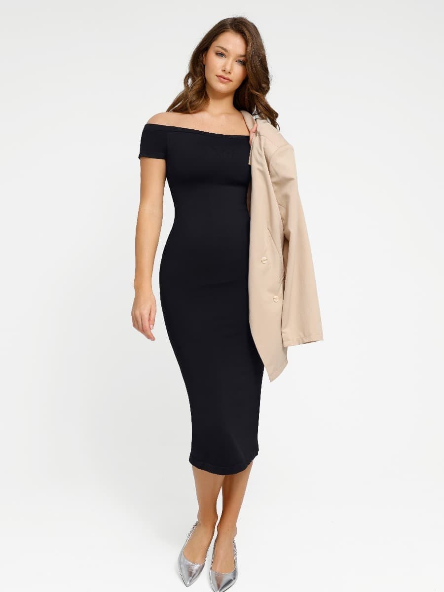 Seamless Off Shoulder Bodycon Shapewear Midi Dress