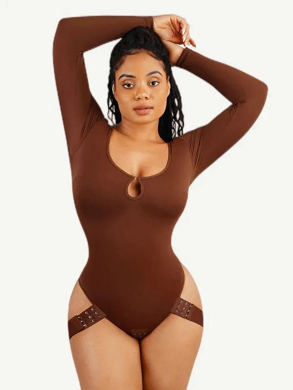 Built In Shapewear Long Sleeve Scoop Neck Thong Bodysuit