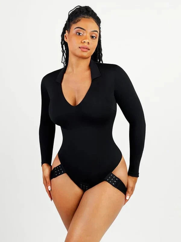 Deep V Neck Long Sleeve Shapewear Thong Bodysuit