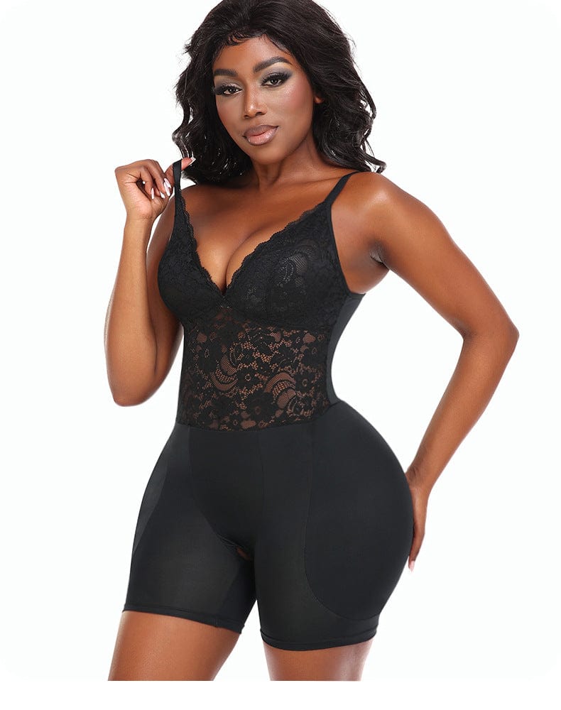 Lace Bum Lifting Shaping Bodysuit with Built-In Bra and Hip Pads
