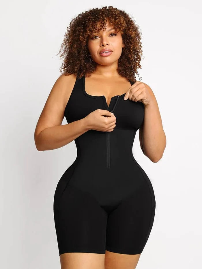 One Piece Shaping Bodysuit with Front Zipper and Side Pockets