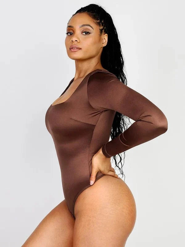 Sleek Shaping Bodysuit with Square Neck and Long Sleeves
