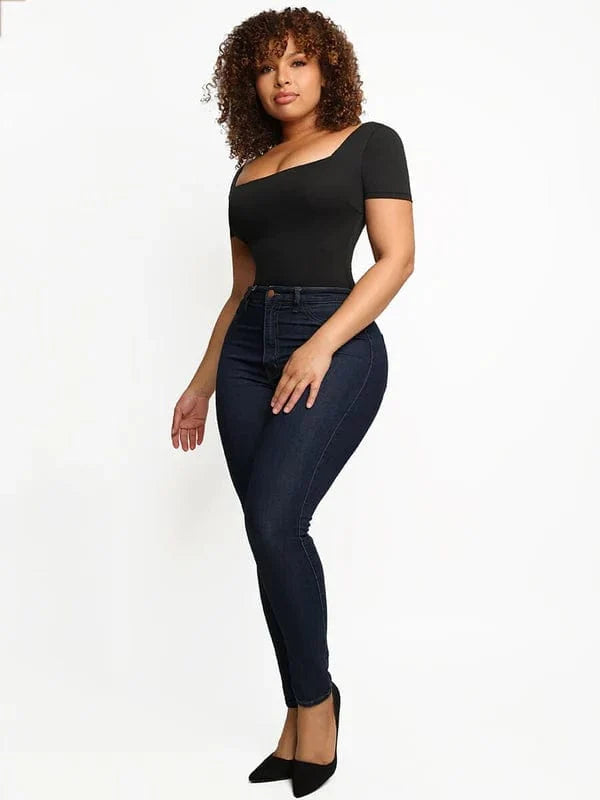 Short Sleeve Square Neck Tummy Control Shapewear Bodysuit