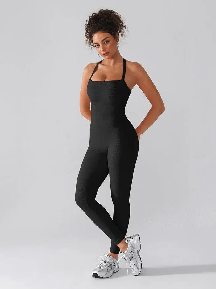 Seamless Yoga Jumpsuit with Built-in Bra Sculpting Butterfly Back Workout Bodysuit