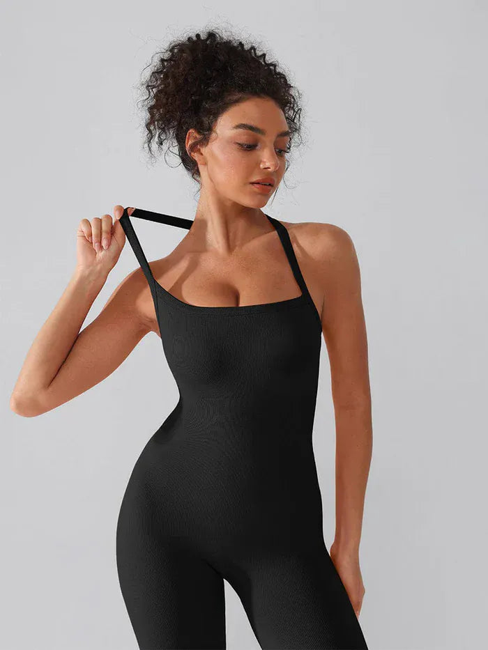 Seamless Yoga Jumpsuit with Built-in Bra Sculpting Butterfly Back Workout Bodysuit