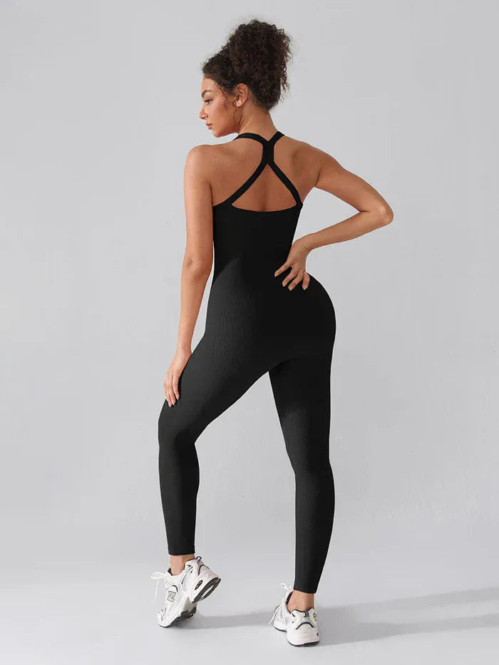 Seamless Yoga Jumpsuit with Built-in Bra Sculpting Butterfly Back Workout Bodysuit