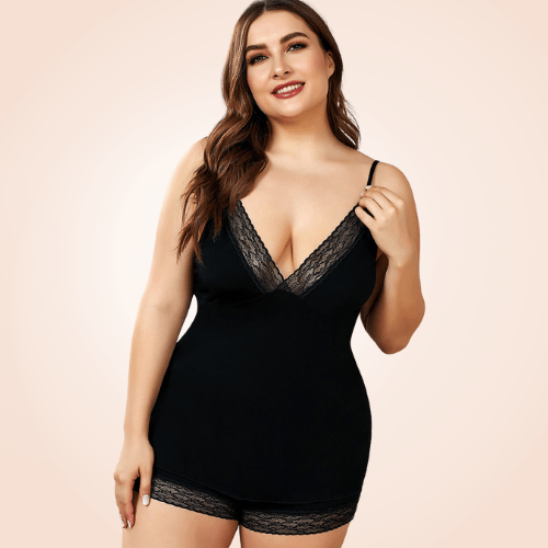 Plus Size Knit Lace Trim Lingerie Short Set Sleepwear