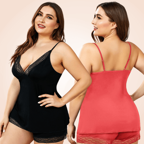 Plus Size Knit Lace Trim Lingerie Short Set Sleepwear