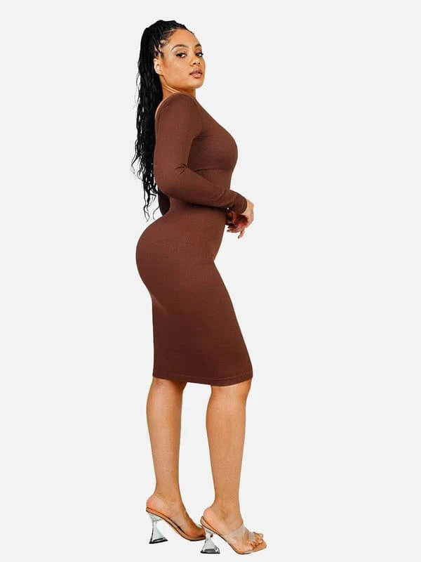 Long Sleeve V Neck Bodycon Waist Cinching Shaper Midi Dress