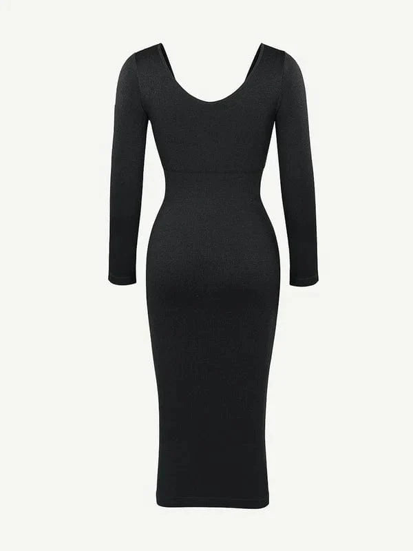 Long Sleeve V Neck Bodycon Waist Cinching Shaper Midi Dress