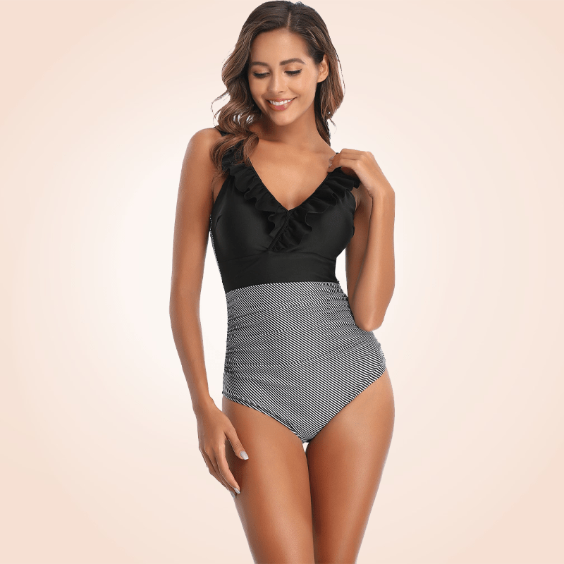Retro Front Criss-Cross Ruffle One Piece Swimsuit