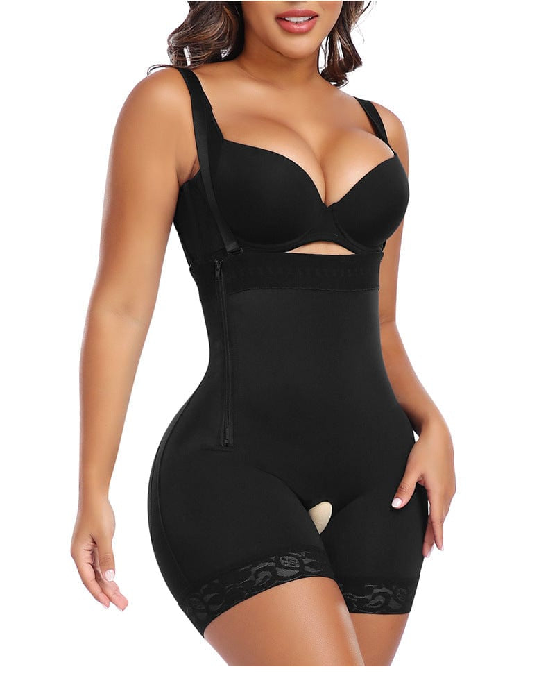Open Gusset Shapewear Shorts with Lace Stiches and Side Zipper Closure
