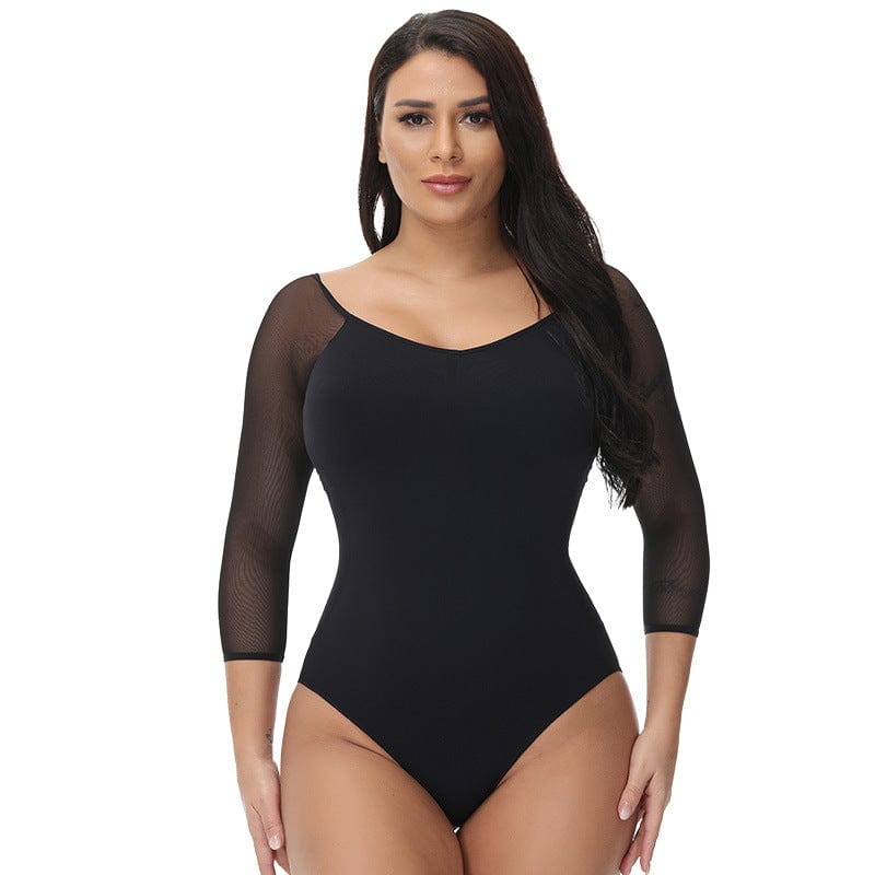 Women Sheer Mesh Mid-Sleeve Shapewear Bodysuit Thong