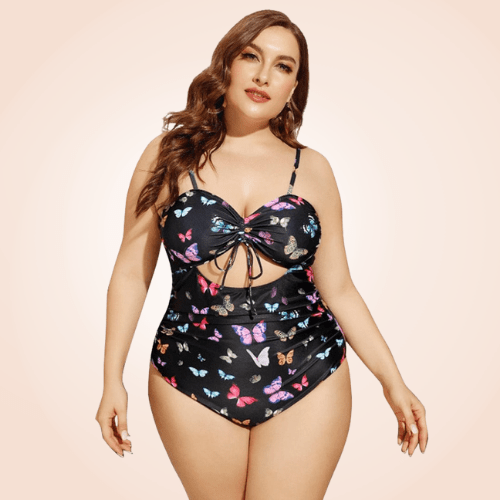 Plus Size Butterfly Print Rib One Piece Swimwear