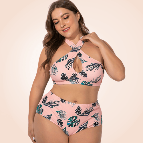 Two Piece Plus Size Floral Cross Bikini Beach Swimwear