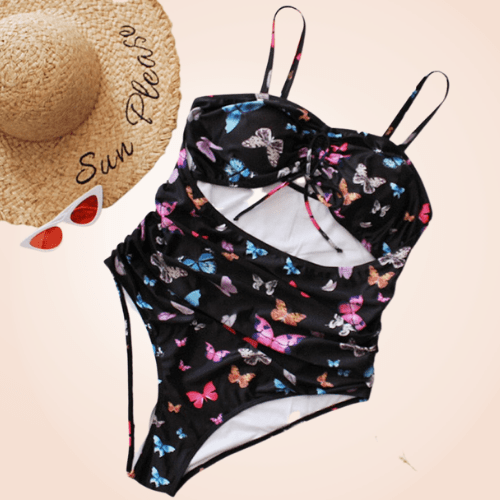 Plus Size Butterfly Print Rib One Piece Swimwear