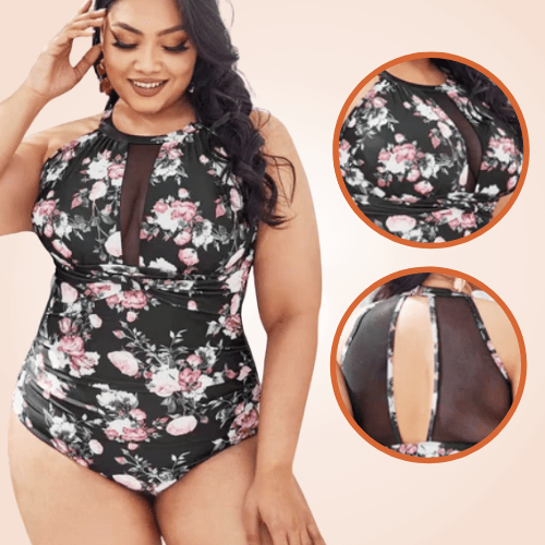 Plus Size Contrast Mesh One Piece Floral Swimwear