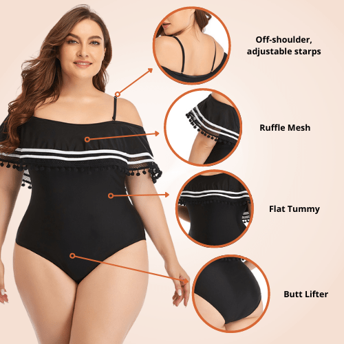 Plus Size Ruffle Trim Off-Shoulder Striped Flounce One Piece Swimsuit