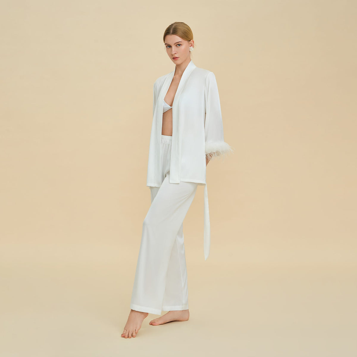 Feather Trim Satin Pajamas Set with Long Sleeves, Women's Luxury Two-Piece Loungewear