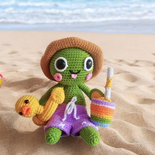 Crochet Frodo the Frog Pattern  – Summer Amigurumi with Duck & Juice Glass
