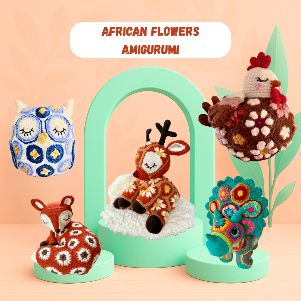 5 African Flowers Amigurumis Bundle : Owl, Triceratops , Reindeer, Hen & Fox Crochet Pattern