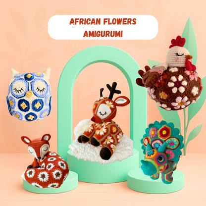 5 African Flowers Amigurumis Bundle : Owl, Triceratops , Reindeer, Hen & Fox Crochet Pattern