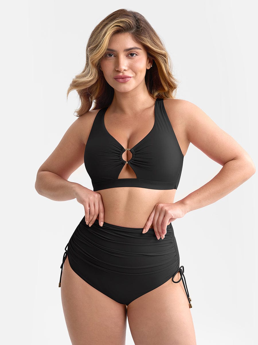 Deep V Metal Ring Drawstring Tummy Control Bikini Swimsuit with Removable Pads