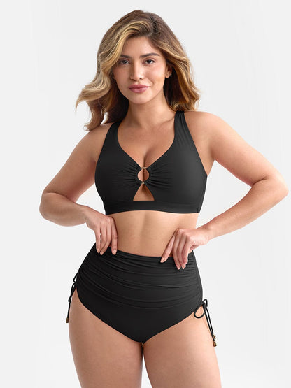 Deep V Metal Ring Drawstring Tummy Control Bikini Swimsuit with Removable Pads