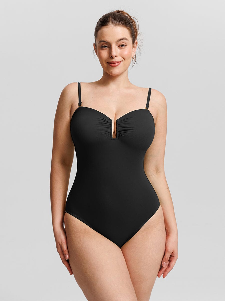 Strapless U Wire Mesh Tummy Control One Piece Swimsuit with Removable Pads