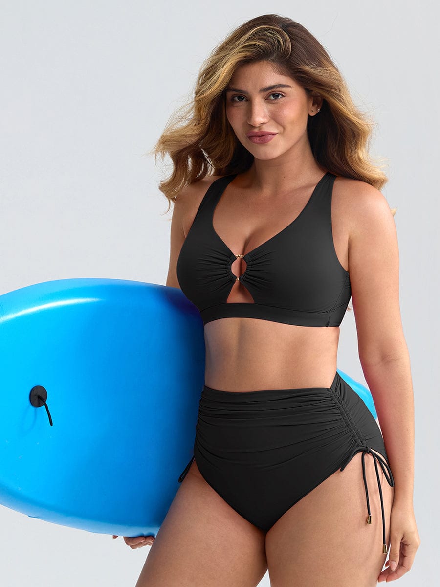 Deep V Metal Ring Drawstring Tummy Control Bikini Swimsuit with Removable Pads