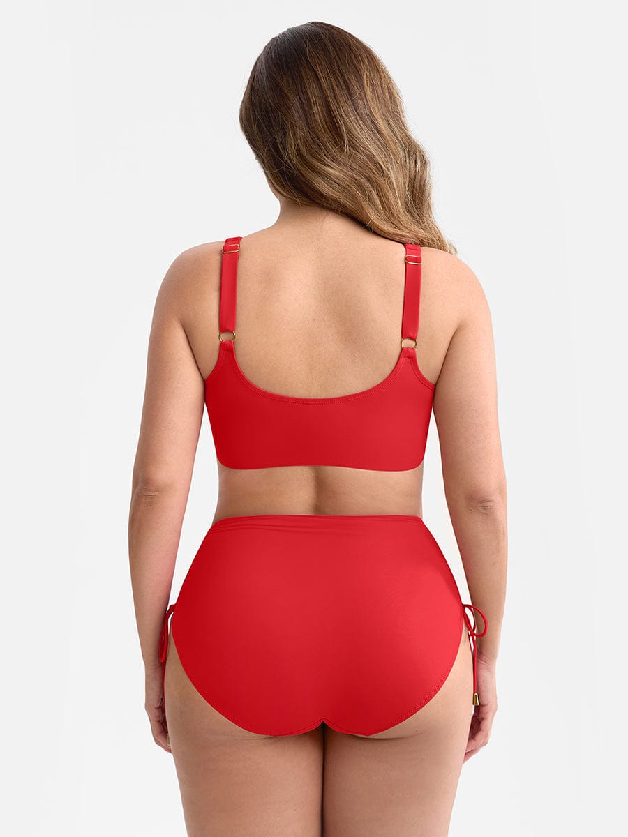Deep V Metal Ring Drawstring Tummy Control Bikini Swimsuit with Removable Pads