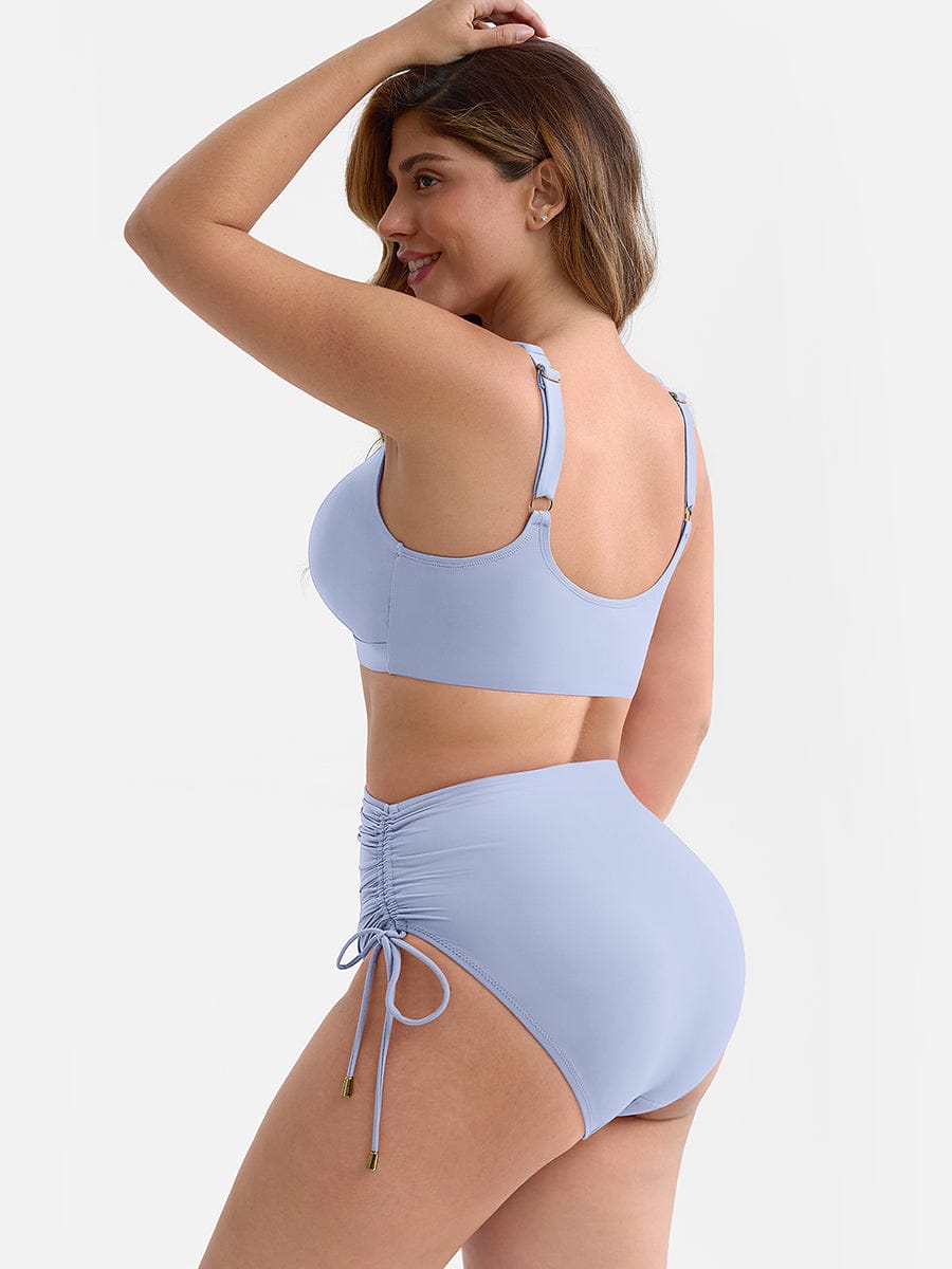 Deep V Metal Ring Drawstring Tummy Control Bikini Swimsuit with Removable Pads