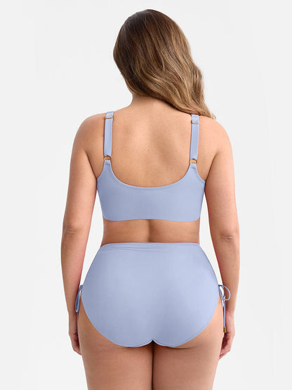 Deep V Metal Ring Drawstring Tummy Control Bikini Swimsuit with Removable Pads