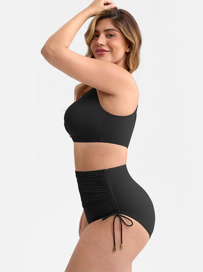Deep V Metal Ring Drawstring Tummy Control Bikini Swimsuit with Removable Pads