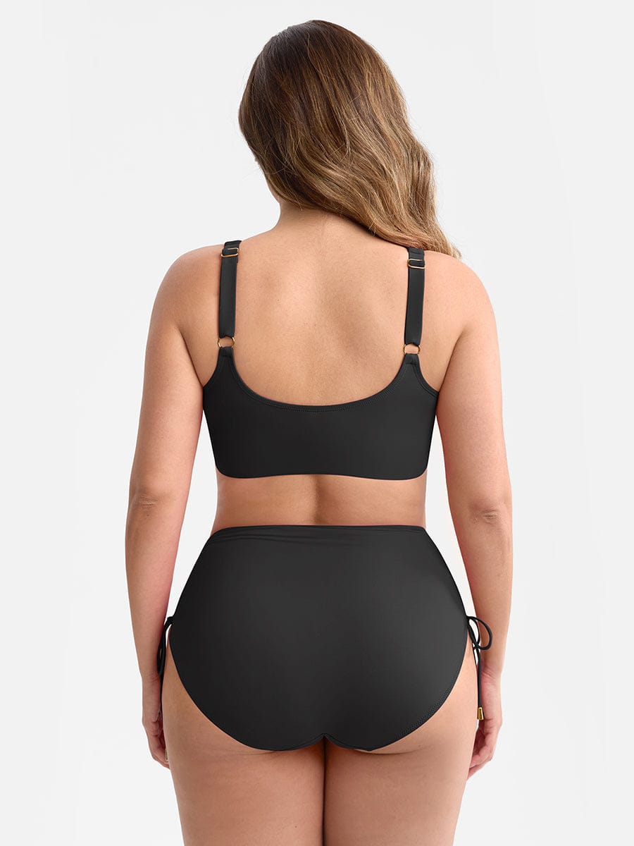 Deep V Metal Ring Drawstring Tummy Control Bikini Swimsuit with Removable Pads