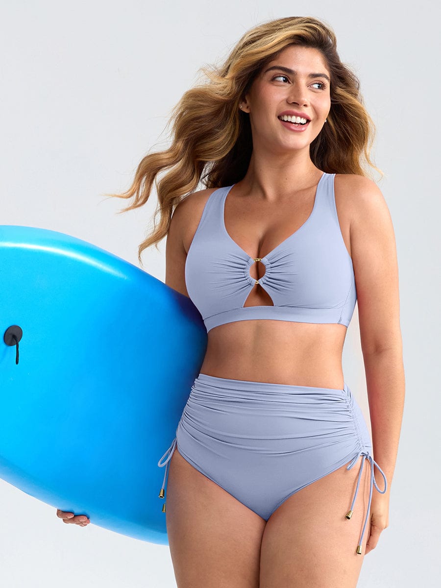 Deep V Metal Ring Drawstring Tummy Control Bikini Swimsuit with Removable Pads