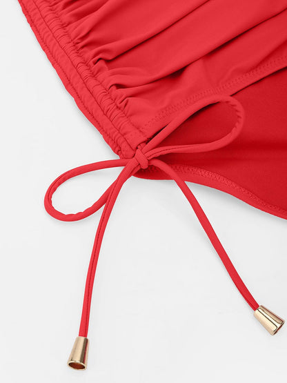 Deep V Metal Ring Drawstring Tummy Control Bikini Swimsuit with Removable Pads
