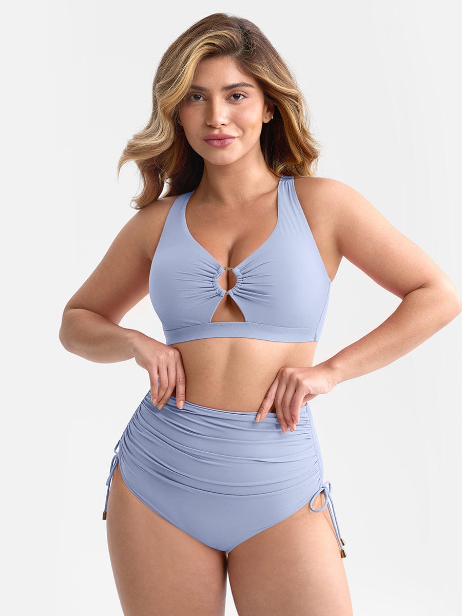 Deep V Metal Ring Drawstring Tummy Control Bikini Swimsuit with Removable Pads