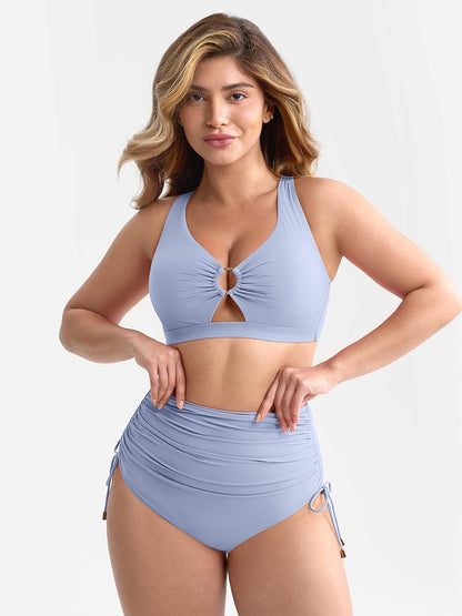 Deep V Metal Ring Drawstring Tummy Control Bikini Swimsuit with Removable Pads