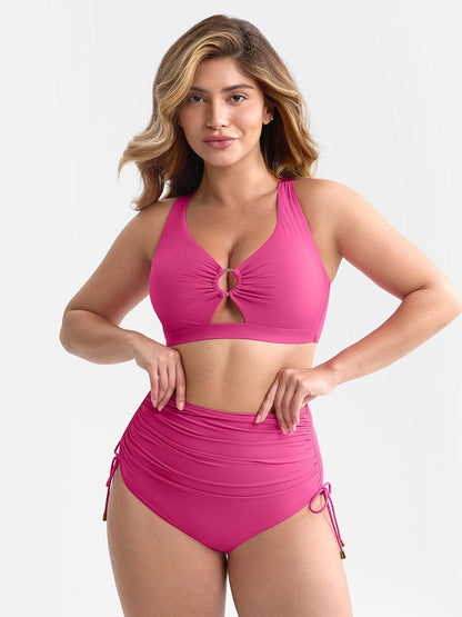 Deep V Metal Ring Drawstring Tummy Control Bikini Swimsuit with Removable Pads