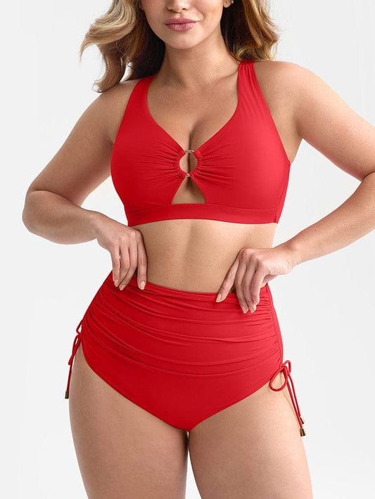 Deep V Metal Ring Drawstring Tummy Control Bikini Swimsuit with Removable Pads