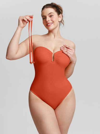 Strapless U Wire Mesh Tummy Control One Piece Swimsuit with Removable Pads