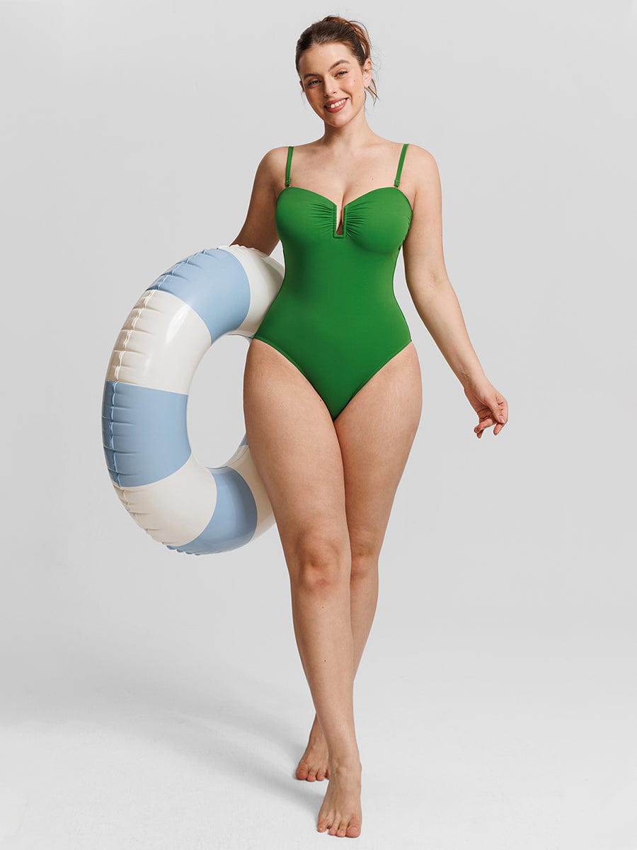 Strapless U Wire Mesh Tummy Control One Piece Swimsuit with Removable Pads
