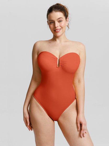 Strapless U Wire Mesh Tummy Control One Piece Swimsuit with Removable Pads
