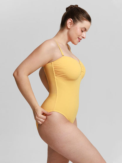 Strapless U Wire Mesh Tummy Control One Piece Swimsuit with Removable Pads