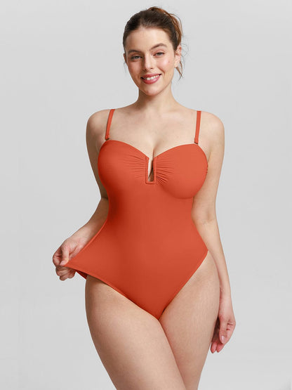 Strapless U Wire Mesh Tummy Control One Piece Swimsuit with Removable Pads