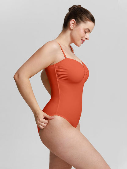 Strapless U Wire Mesh Tummy Control One Piece Swimsuit with Removable Pads